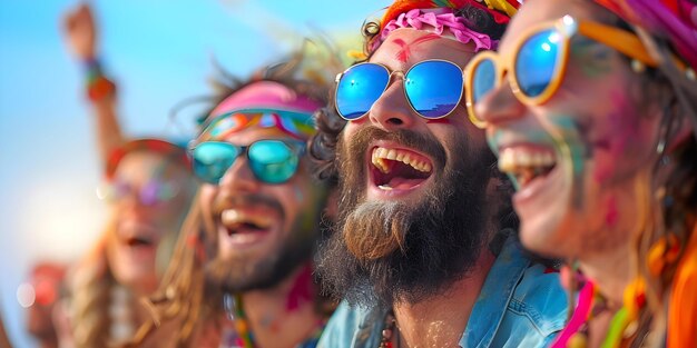 Pessoas de óculos de sol um homem barbudo e traje hippie rindo juntos conceito Pessoas de olhos de sol homem barbudo traje hippi rindo juntos