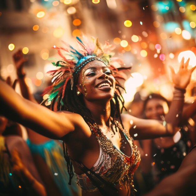 Pessoas de pele escura dançam em um carnaval colorido