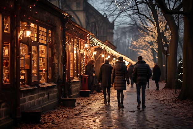 pessoas de roupas de inverno caminhando ao longo do mercado de Natal com luzes douradas