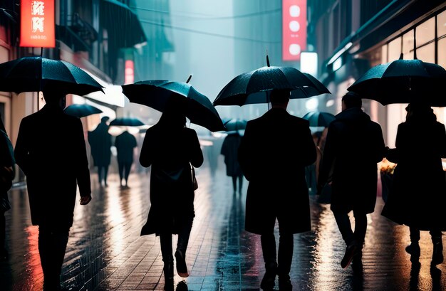 Foto pessoas de roupas pretas caminham na chuva com guarda-chuvas pretos ao longo de uma rua escura da cidade