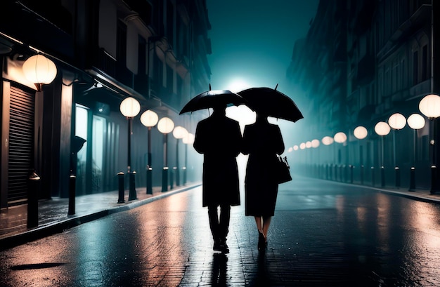 Foto pessoas de roupas pretas caminham na chuva com guarda-chuvas pretos ao longo de uma rua escura da cidade