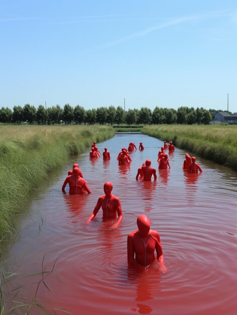 Foto pessoas de trajes vermelhos estão vagueando em um rio generativo ai