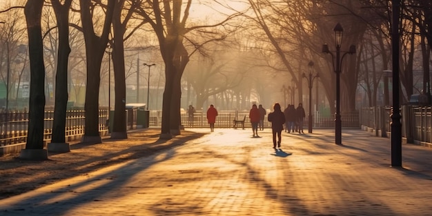 Pessoas desfocadas andando no parque coreano no final da tarde, longas sombras desfocaram o fundo da imagem