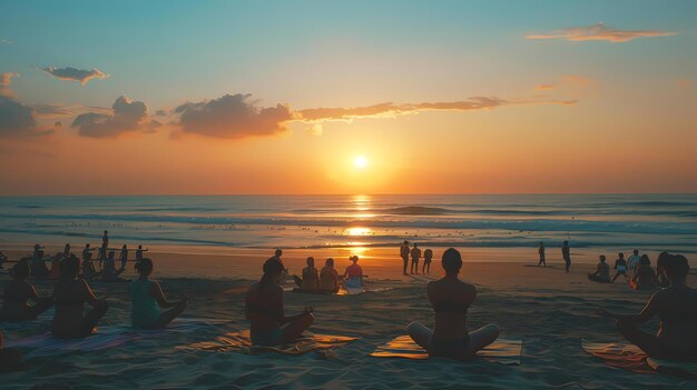 Pessoas desfrutando de um belo pôr-do-sol na praia As cores quentes do céu e a atmosfera pacífica criam uma cena relaxante e tranquila