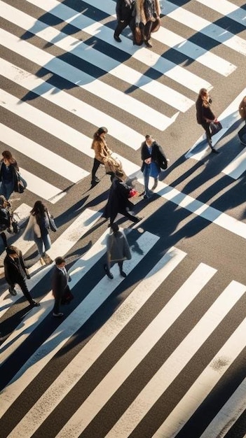 Pessoas diferentes borradas em uma passagem de pedestres na cidade tiro de drone