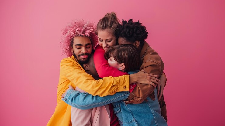 Foto pessoas diversas abraçando a amizade retrospectiva