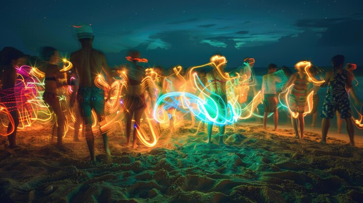 Foto pessoas diversas se reúnem e desfrutam de danças em festas noturnas com luzes acesas
