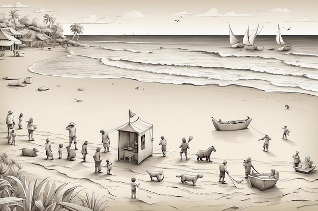Pessoas e animais feitos de papel a divertir-se numa praia feita de papel