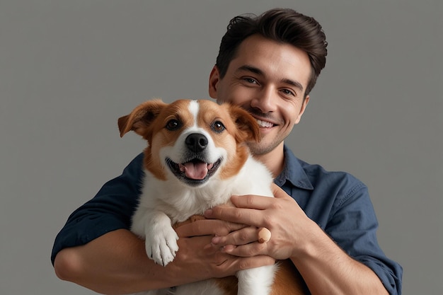 Foto pessoas e cão de estimação proprietário de animais de estimação personagem homem segurando as mãos de seu cão homem ama seu animal bonito e adorável doméstico