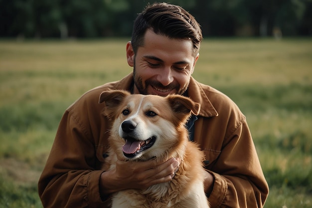 Pessoas e cão de estimação proprietário de animais de estimação personagem homem segurando as mãos de seu cão homem ama seu animal bonito e adorável doméstico