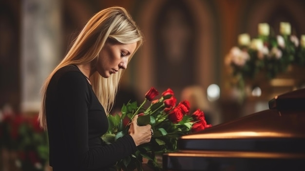 Pessoas e conceito de luto Mulher com flores de rosa e caixão no funeral na igreja