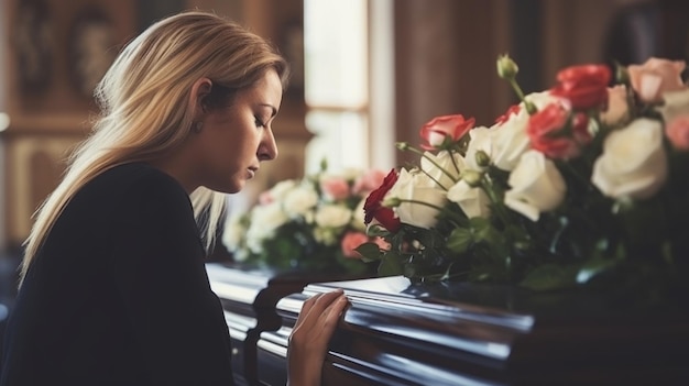 Pessoas e conceito de luto Mulher com flores de rosa e caixão no funeral na igreja