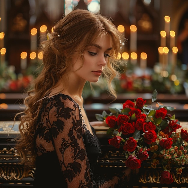 Foto pessoas e conceito de luto mulher com flores de rosa e caixão no funeral na igreja