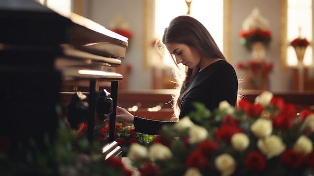 Pessoas e conceito de luto Mulher com flores rosas e caixão no funeral na igreja