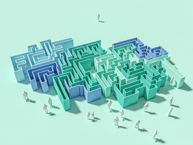 Pessoas e labirinto. Modelos de renderização 3D
