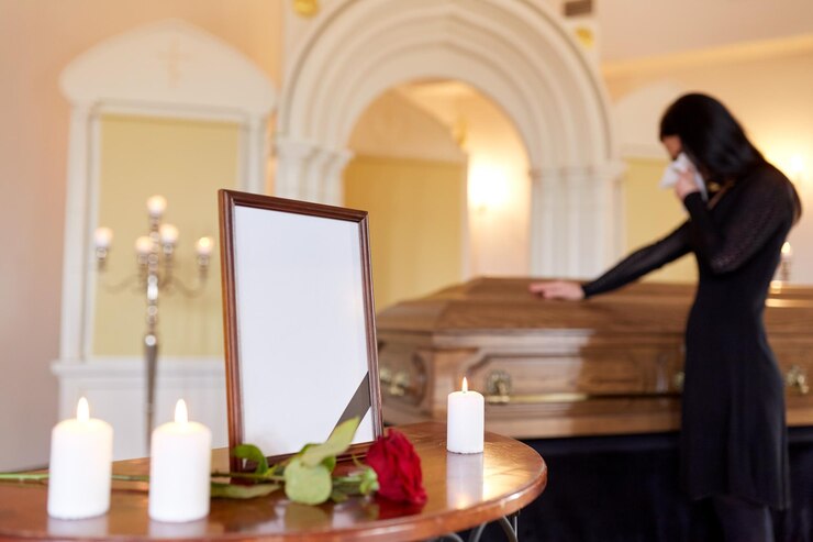 Foto pessoas e luto conceito - moldura de foto com fita preta, velas e mulher chorando perto do caixão no funeral na igreja