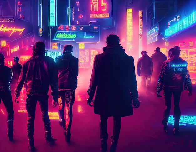 Pessoas elegantes da tripulação cyberpunk na rua da cidade noturna da futura cidade cyberpunk