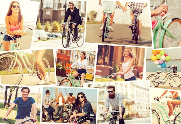 Pessoas em bicicletas. Colagem de diversos jovens em bicicletas expressando emoções positivas enquanto andam