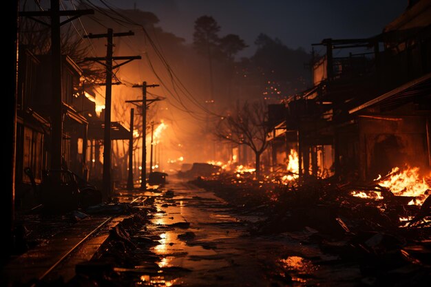 Pessoas em cenas com condições climáticas extremas fogo e fumaça algumas casas destruídas e árvores fa