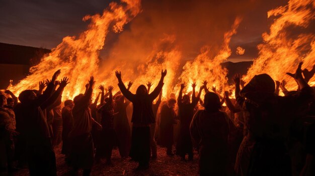 pessoas em frente a uma grande fogueira com as palavras “bem-vindo” na parte inferior.
