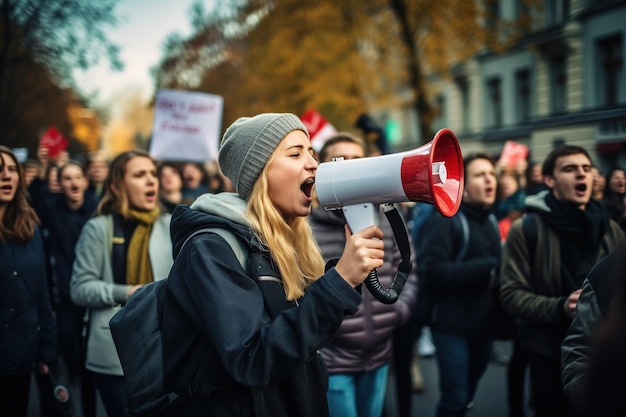 Pessoas em greve protestando com megafone