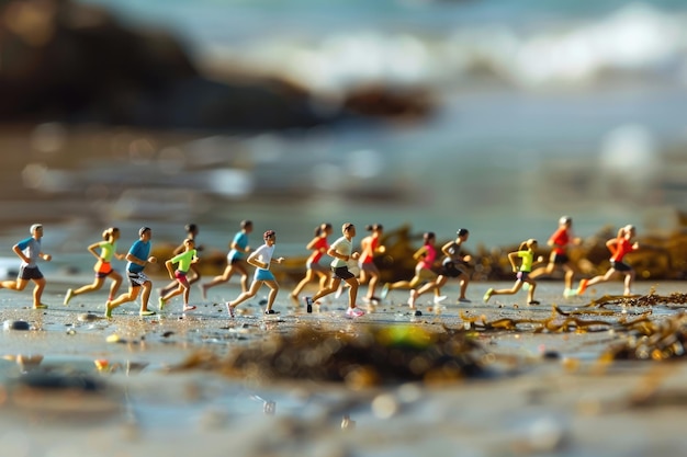 Foto pessoas em miniatura correndo juntas na praia promovendo um estilo de vida ativo