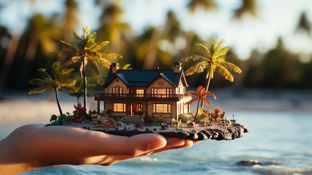 Pessoas em miniatura em casa na praia generative ai
