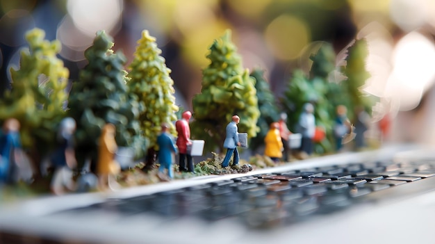 Pessoas em miniatura explorando uma floresta de teclado conceito criativo colorido em foco seletivo cena artística moderna para uso de design AI