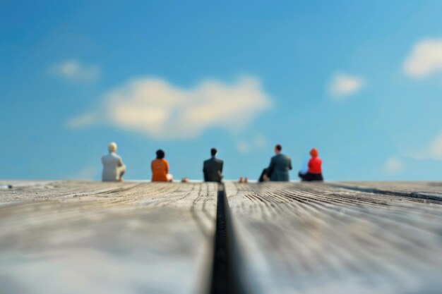 Foto pessoas em miniatura grupo de pessoas de negócios sentadas no chão de madeira com fundo de céu azul