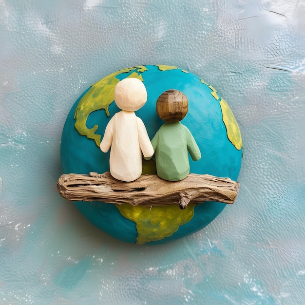 Foto pessoas em miniatura sentadas em um globo mundial conceito de comunicação globalunidos na diversidade figuras em miniatura em um globe colorido