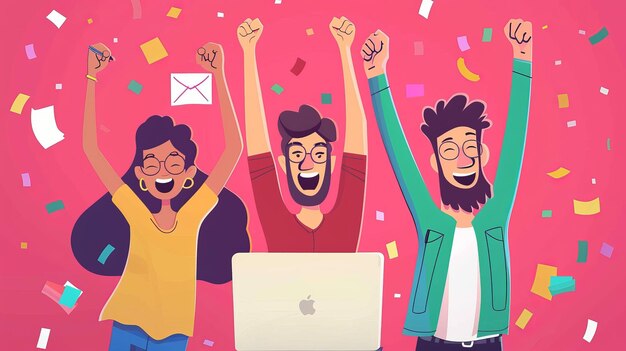 Pessoas em roupas casuais olhando para seus laptops e celebrando o sucesso com os braços levantados Ilustração plana de uma equipe de negócios celebrando o êxito