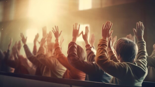 Pessoas em um show com as mãos para cima