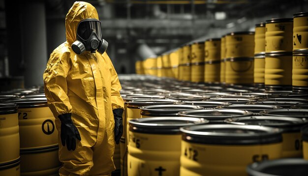 Foto pessoas em um terno de radiação sinal de radiação barris de resíduos nucleares estilo hiper realista