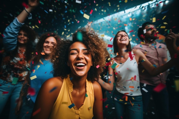 Foto pessoas em uma festa posando para a câmera com confetes e clima de verão