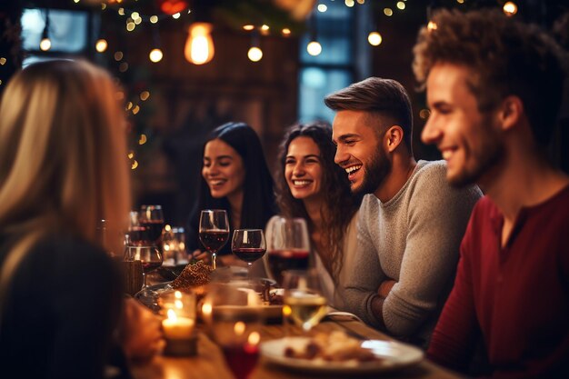 Pessoas em uma mesa celebrando o Natal com luzes cintilantes em fundo bokeh