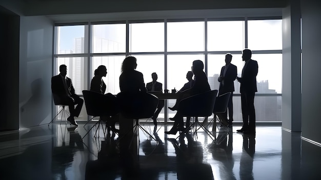 Pessoas em uma sala de reuniões com uma grande janela atrás delas