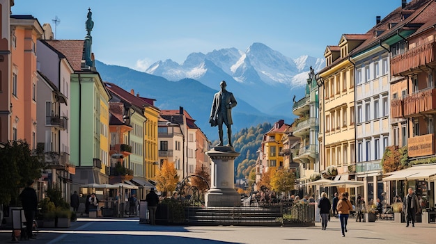 Pessoas estão passando pela praça da cidade dominada pela coluna de Anna em Innsbruck