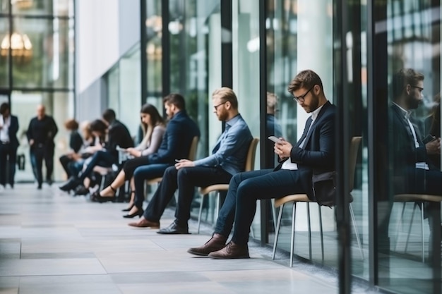 Pessoas estressantes esperando uma entrevista de emprego sentadas perto da parede do escritório com divisórias de vidro