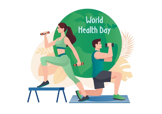 Pessoas fazem exercícios conceito com pessoas cena no estilo de desenho animado plano Dia Mundial da Saúde