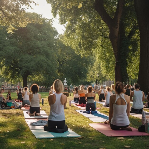 Pessoas fazendo ioga em um parque, uma delas está vestindo uma blusa branca e a outra está vestindo uma blusa branca.