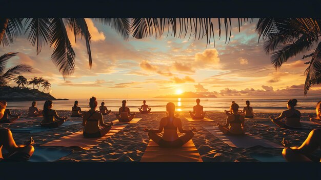 Pessoas fazendo ioga na praia ao pôr do sol