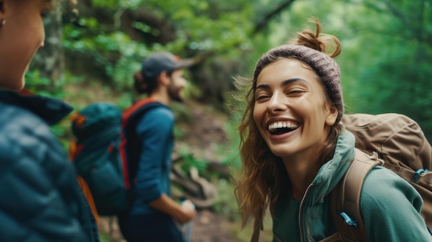 Foto pessoas felizes caminhando em paisagens naturais rindo e sorrindo aig41