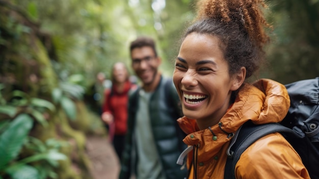 Foto pessoas felizes caminhando em paisagens naturais rindo e sorrindo