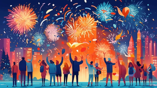 Pessoas felizes celebrando o ano novo com fogos de artifício ao fundo Generative Ai