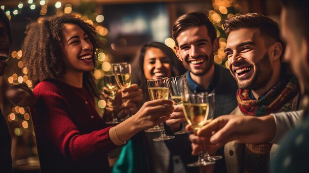 Pessoas felizes com champanhe na festa de Natal Ilustração AI GenerativexA