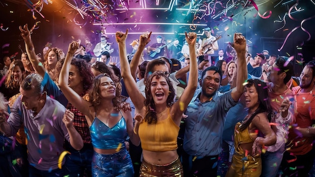 Pessoas felizes dançam num concerto de festa de discoteca