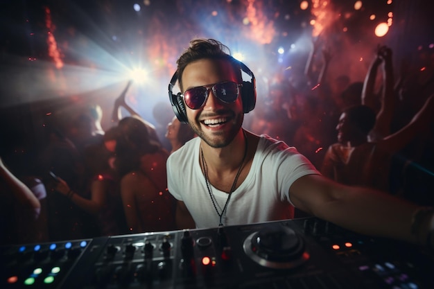 Pessoas felizes e DJs na festa de música no clube noturno escuro com IA gerativa