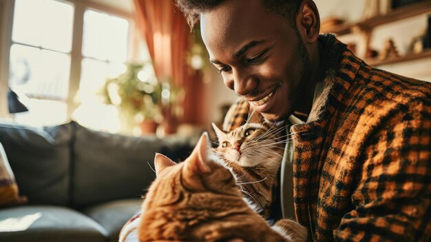 Foto pessoas felizes em casa com animal de estimação favorito amor e amizade pragma