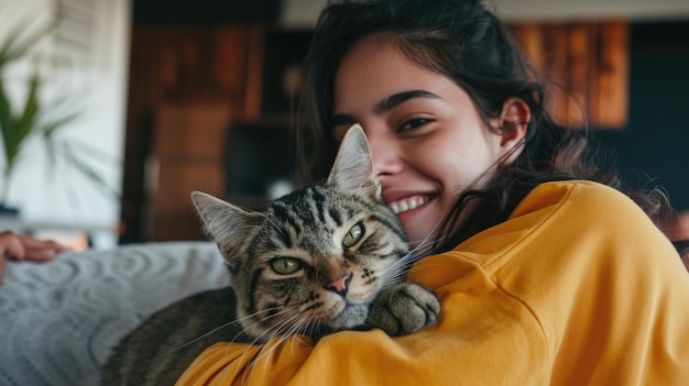 Foto pessoas felizes em casa com animal de estimação favorito amor e amizade pragma