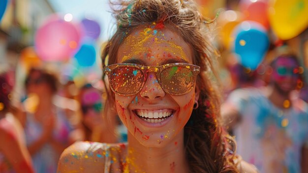 Pessoas felizes estão celebrando o festival Holi na Índia pó de corante colorido em mãos e rostos ai